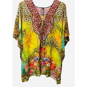 WHITE MARK KIMONO PULL-OVER TIE-UP NECK CAFTAN BLOUSE, WOMENS, 2XL, MULTICOLORS